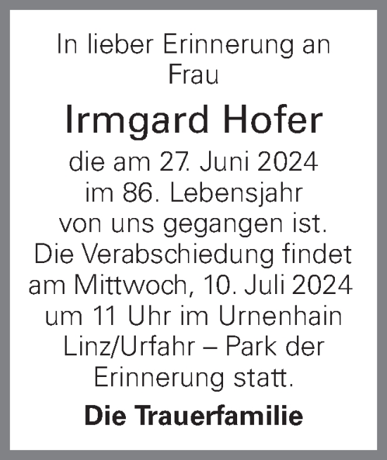 Traueranzeige von Irmgard Hofer von OÖNachrichten