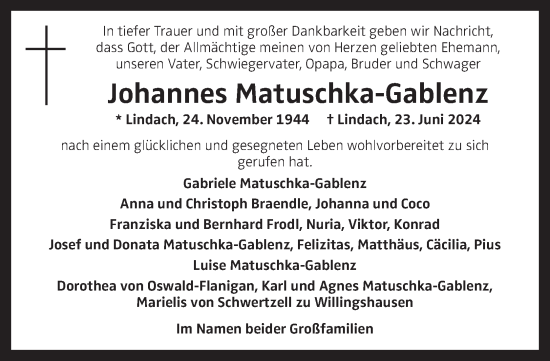 Traueranzeige von Johannes Matuschka-Gablenz von OÖNachrichten