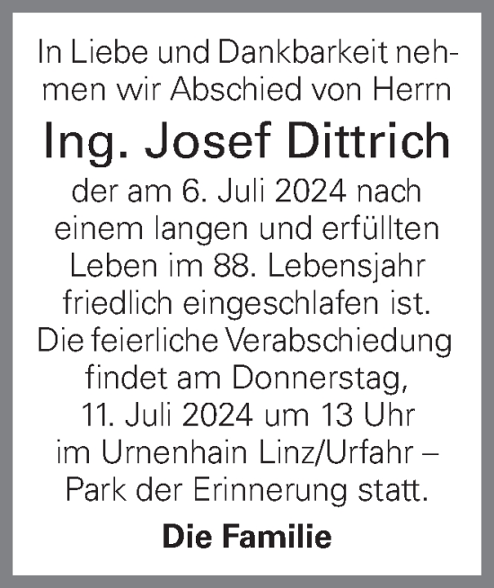 Traueranzeige von Josef Dittrich von OÖNachrichten