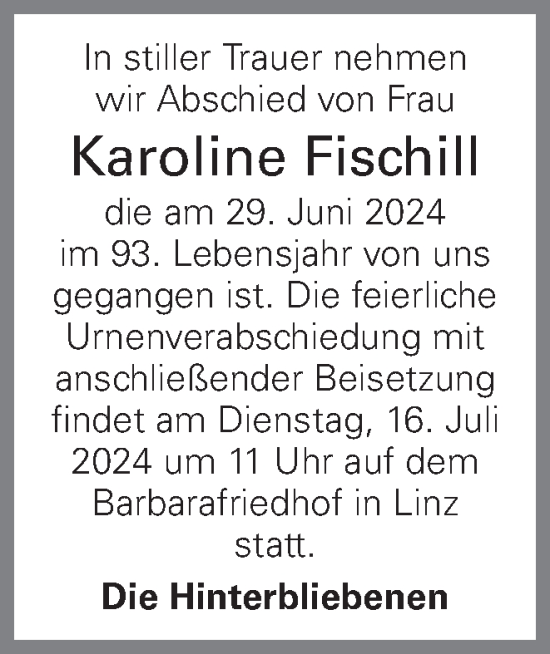 Traueranzeige von Karoline Fischill von OÖNachrichten