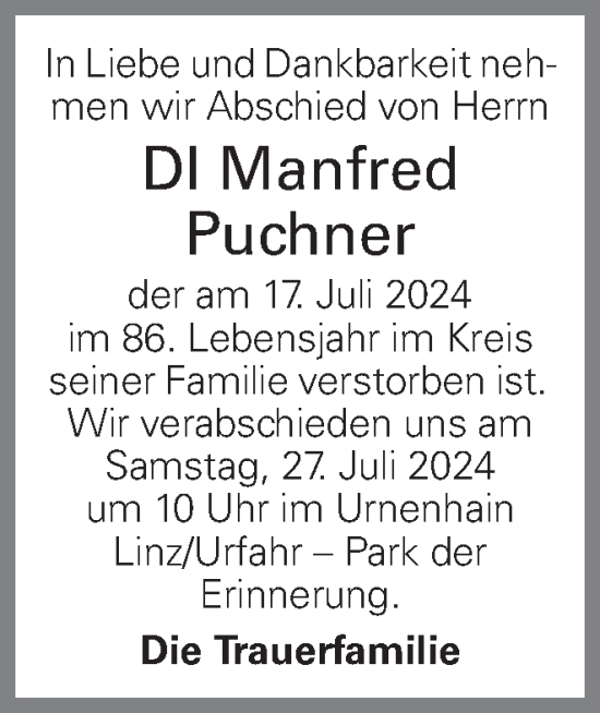 Traueranzeige von Manfred Puchner von OÖNachrichten