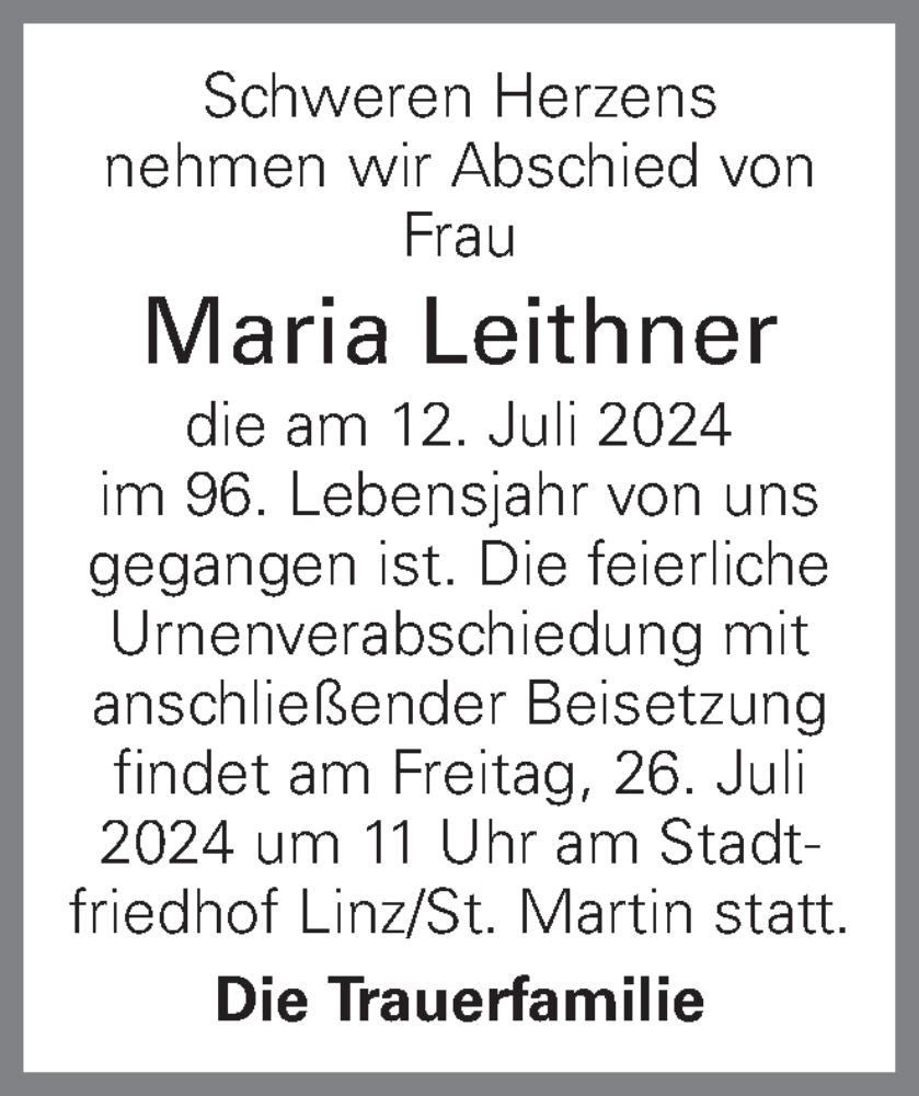  Traueranzeige für Maria Leithner vom 18.07.2024 aus OÖNachrichten
