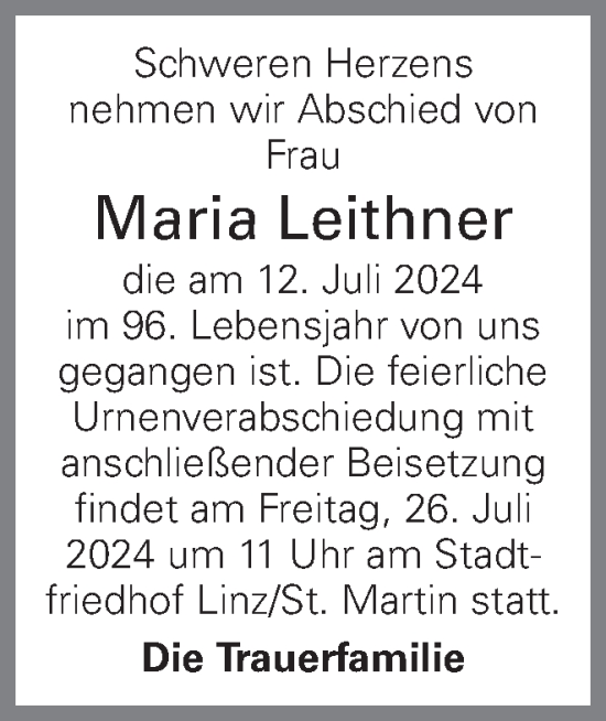 Traueranzeige von Maria Leithner von OÖNachrichten