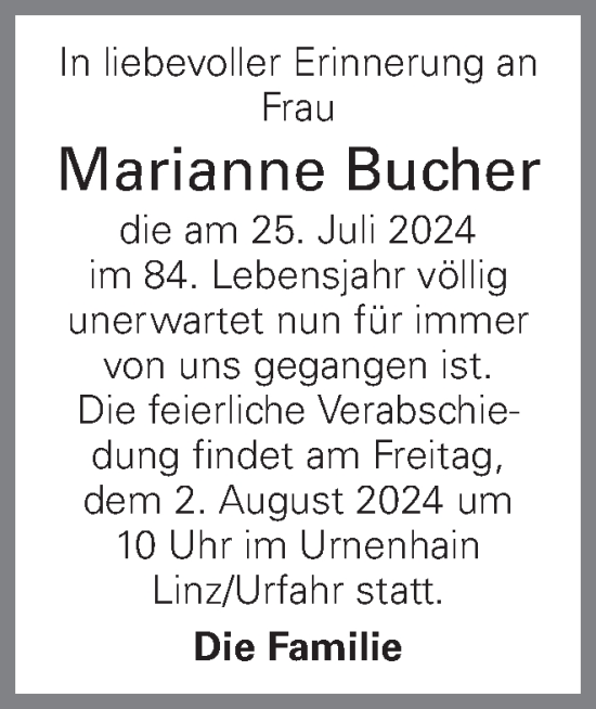 Traueranzeige von Marianne Bucher von OÖNachrichten