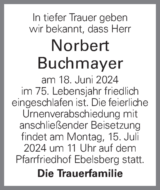 Traueranzeige von Norbert Buchmayer von OÖNachrichten