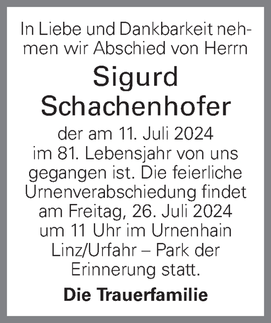 Traueranzeige von Sigurd Schachenhofer von OÖNachrichten