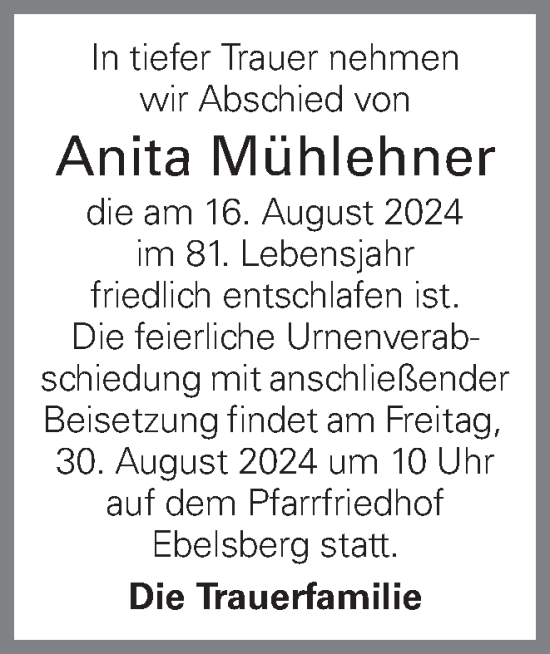 Traueranzeige von Anita Mühlehner von OÖNachrichten