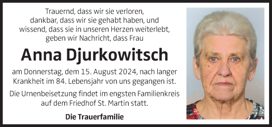 Traueranzeige von Anna Djurkowitsch von OÖNachrichten