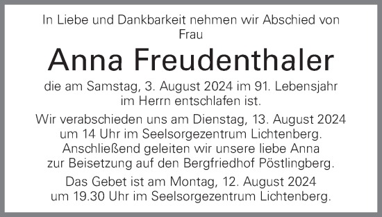 Traueranzeige von Anna Freudenthaler von OÖNachrichten