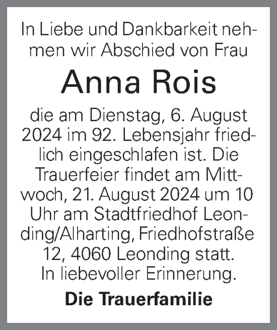 Traueranzeige von Anna Rois von OÖNachrichten