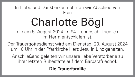 Traueranzeige von Charlotte Bögl von OÖNachrichten