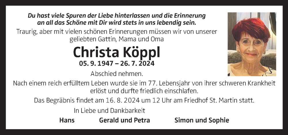  Traueranzeige für Christa Köppl vom 01.08.2024 aus OÖNachrichten