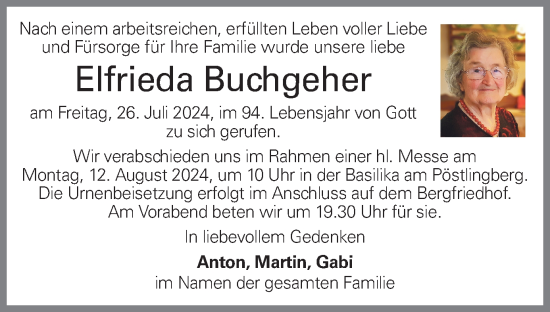 Traueranzeige von Elfrieda Buchgeher von OÖNachrichten