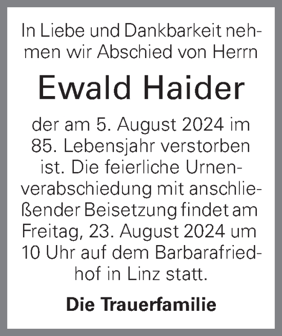 Traueranzeige von Ewald Haider von OÖNachrichten