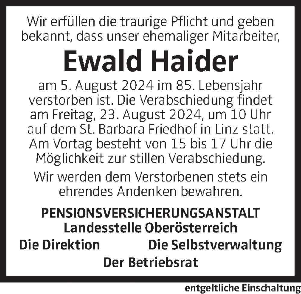  Traueranzeige für Ewald Haider vom 14.08.2024 aus OÖNachrichten