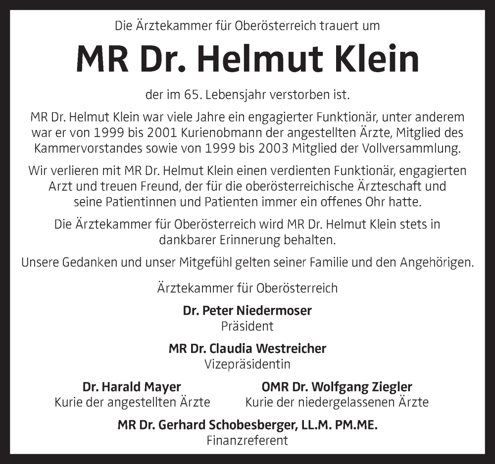  Traueranzeige für Helmut Klein vom 08.08.2024 aus OÖNachrichten