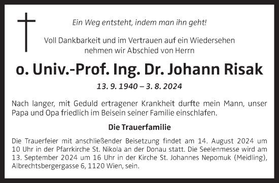 Traueranzeige von Johann Risak von OÖNachrichten