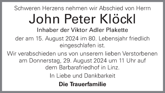 Traueranzeige von John Peter Klöckl von OÖNachrichten