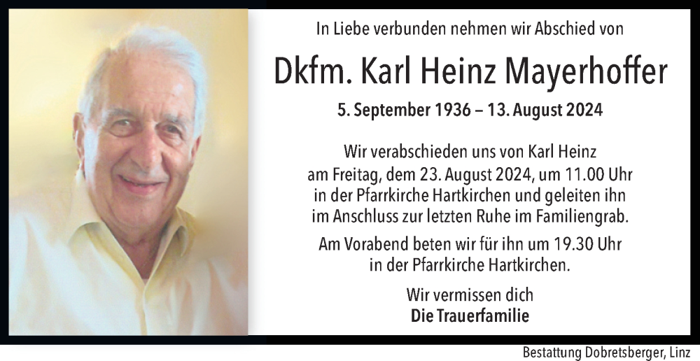  Traueranzeige für Karl Heinz Mayerhoffer vom 14.08.2024 aus OÖNachrichten