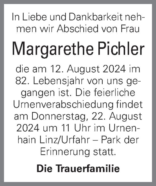 Traueranzeige von Margarethe Pichler von OÖNachrichten