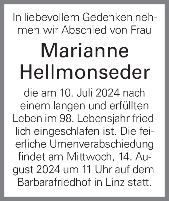 Traueranzeige von Marianne Hellmonseder von OÖNachrichten