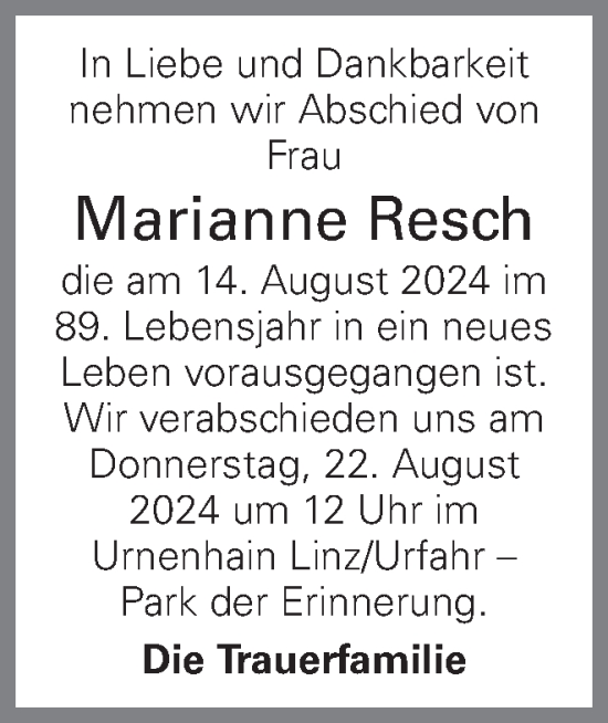 Traueranzeige von Marianne Resch von OÖNachrichten