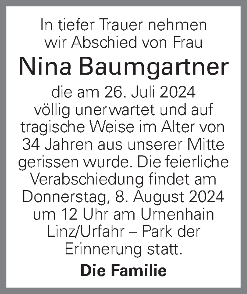  Traueranzeige für Nina Baumgartner vom 02.08.2024 aus OÖNachrichten