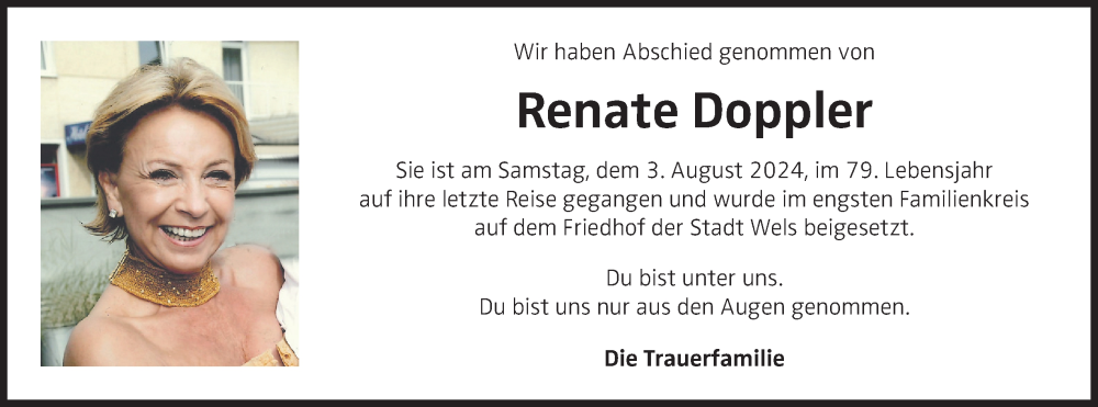  Traueranzeige für Renate Doppler vom 08.08.2024 aus OÖNachrichten