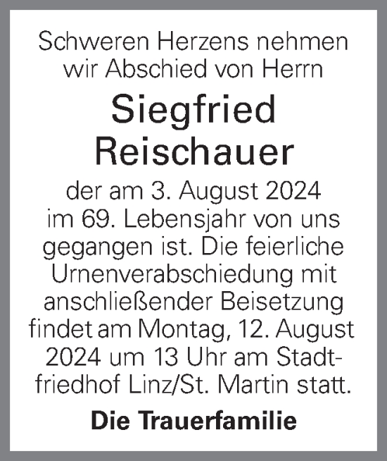 Traueranzeige von Siegfried Reischauer von OÖNachrichten