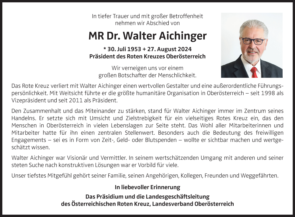  Traueranzeige für Walter Aichinger vom 28.08.2024 aus OÖNachrichten