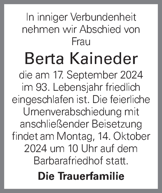 Traueranzeige von Berta Kaineder von OÖNachrichten