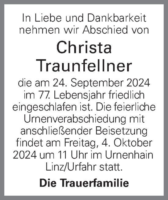 Traueranzeige von Christa Traunfellner von OÖNachrichten