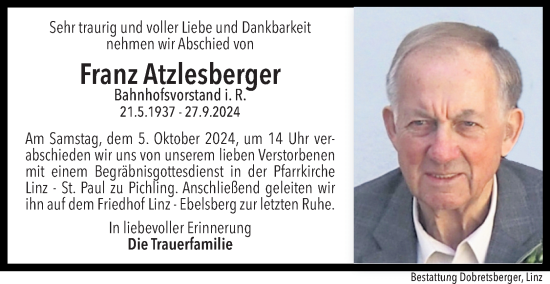 Traueranzeige von Franz Atzlesberger von OÖNachrichten