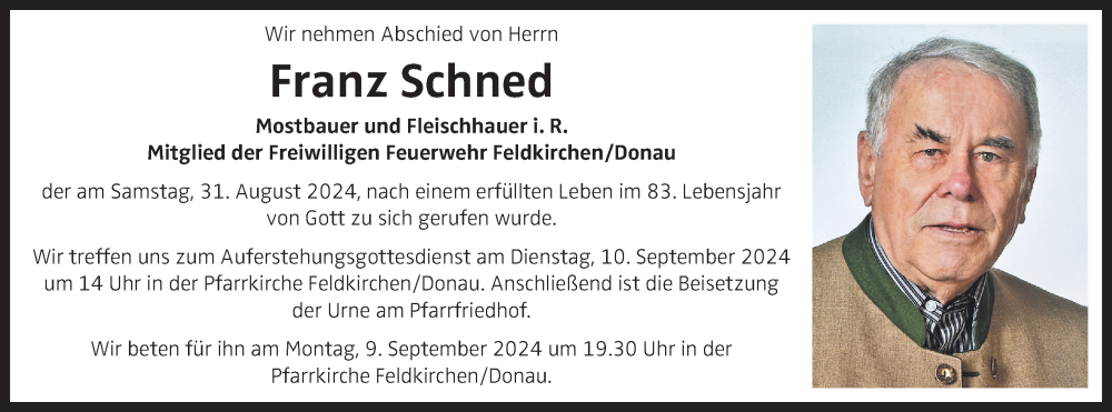  Traueranzeige für Franz Schned vom 03.09.2024 aus OÖNachrichten