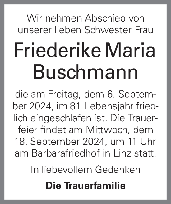 Traueranzeige von Friederike Maria Buschmann von OÖNachrichten