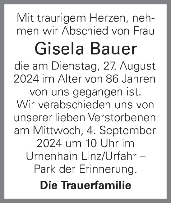 Traueranzeige von Gisela Bauer von OÖNachrichten