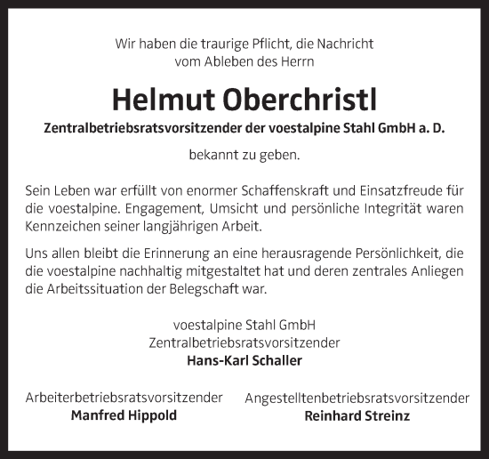 Traueranzeige von Helmut Oberchristl von OÖNachrichten