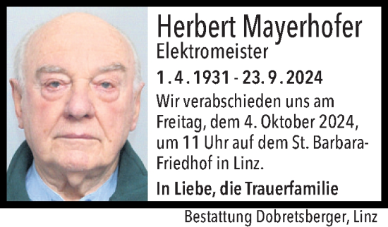Traueranzeige von Herbert Mayerhofer von OÖNachrichten