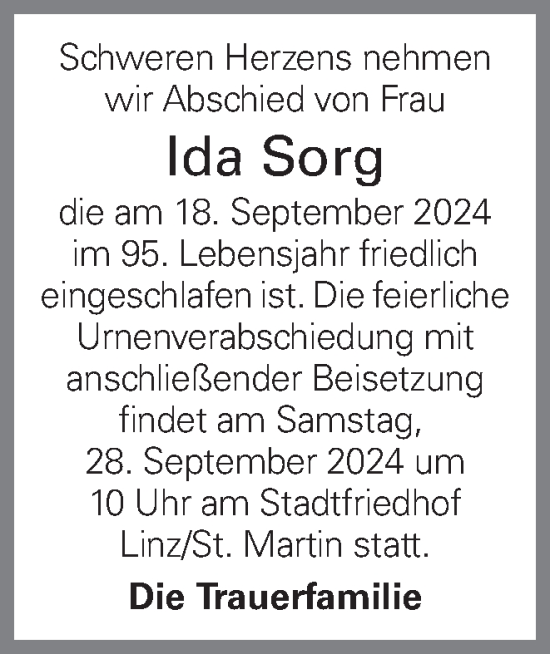 Traueranzeige von Ida Sorg von OÖNachrichten