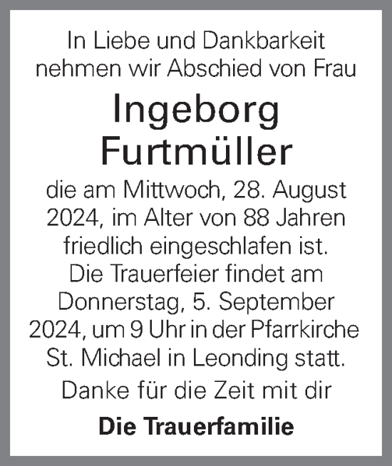 Traueranzeige von Ingeborg Furtmüller von OÖNachrichten