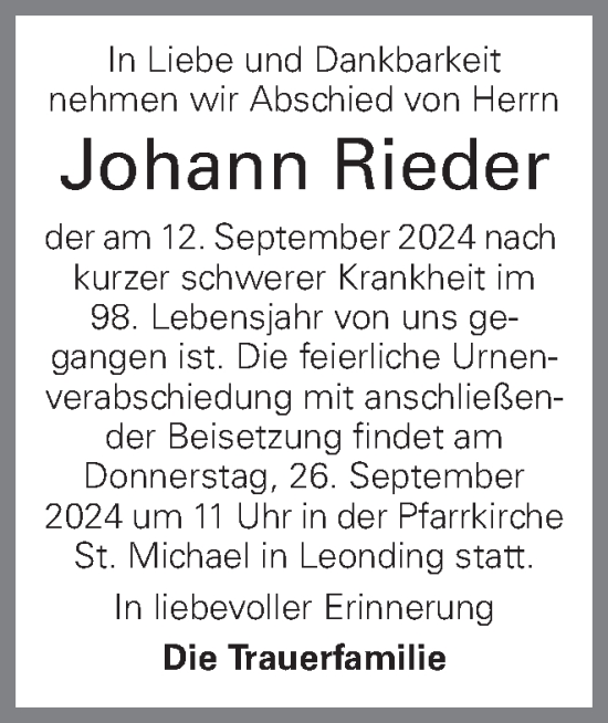 Traueranzeige von Johann Rieder von OÖNachrichten