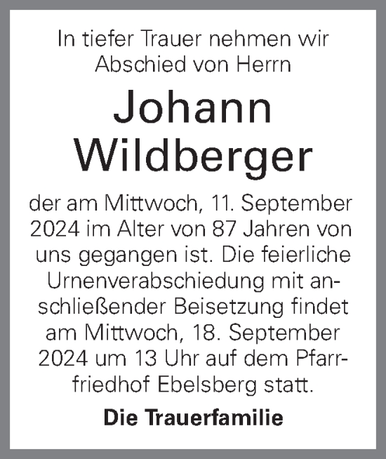 Traueranzeige von Johann Wildberger von OÖNachrichten