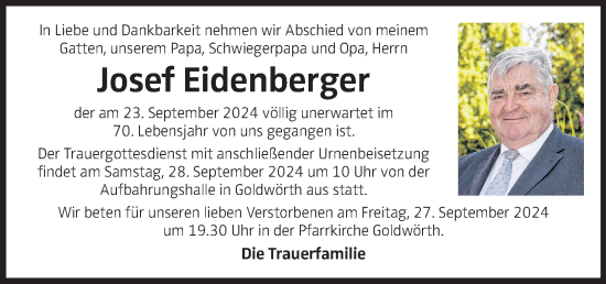 Traueranzeige von Josef Eidenberger von OÖNachrichten
