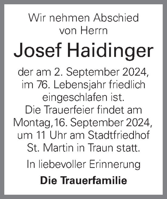 Traueranzeige von Josef Haidinger von OÖNachrichten