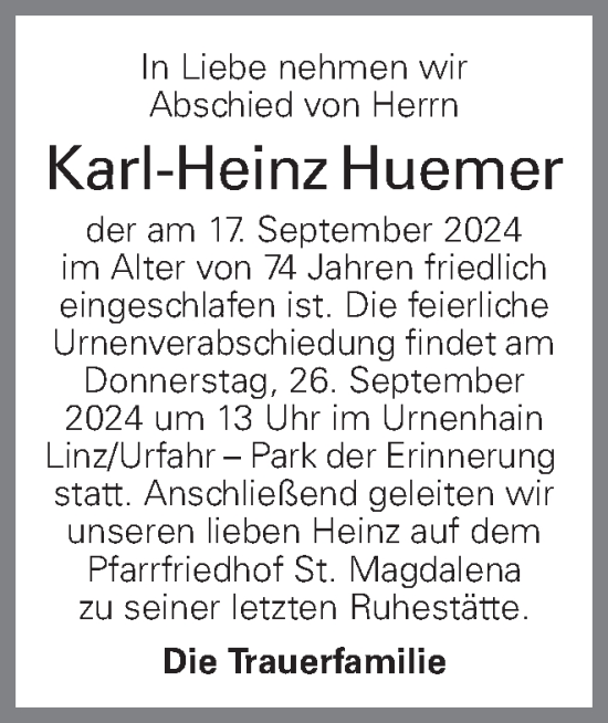 Traueranzeige von Karl-Heinz Huemer von OÖNachrichten