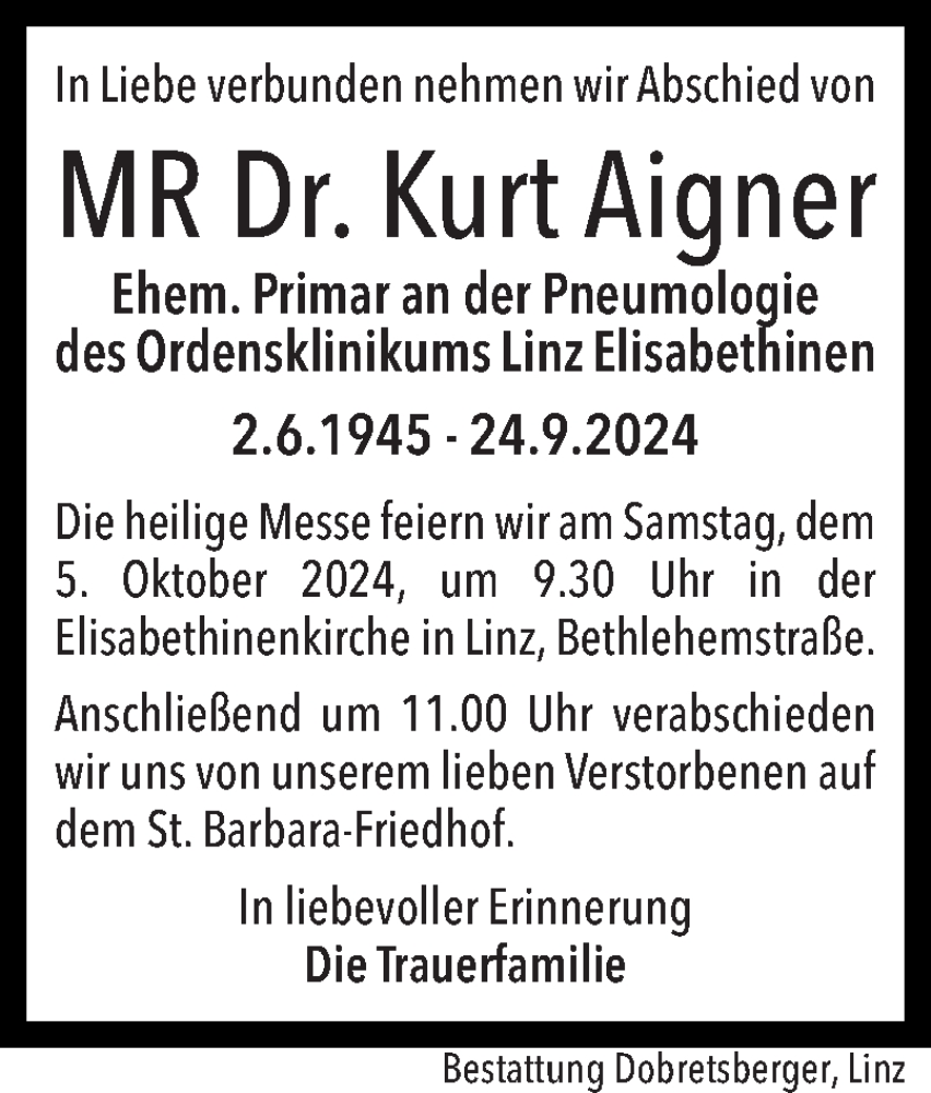  Traueranzeige für Kurt Aigner vom 26.09.2024 aus OÖNachrichten