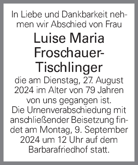Traueranzeige von Luise Maria Froschauer-Tischlinger von OÖNachrichten