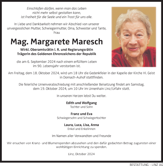 Traueranzeige von Margarete Maresch von OÖNachrichten