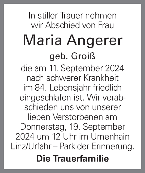 Traueranzeige von Maria Angerer von OÖNachrichten