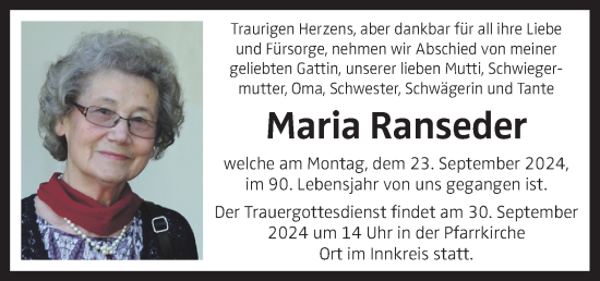 Traueranzeige von Maria Ranseder von OÖNachrichten